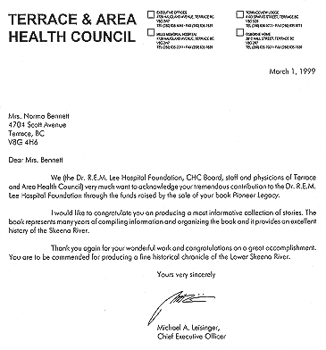 Letter from Terrace & Area Health Council recognizing the contribution of the REM Lee Hospital Foundation